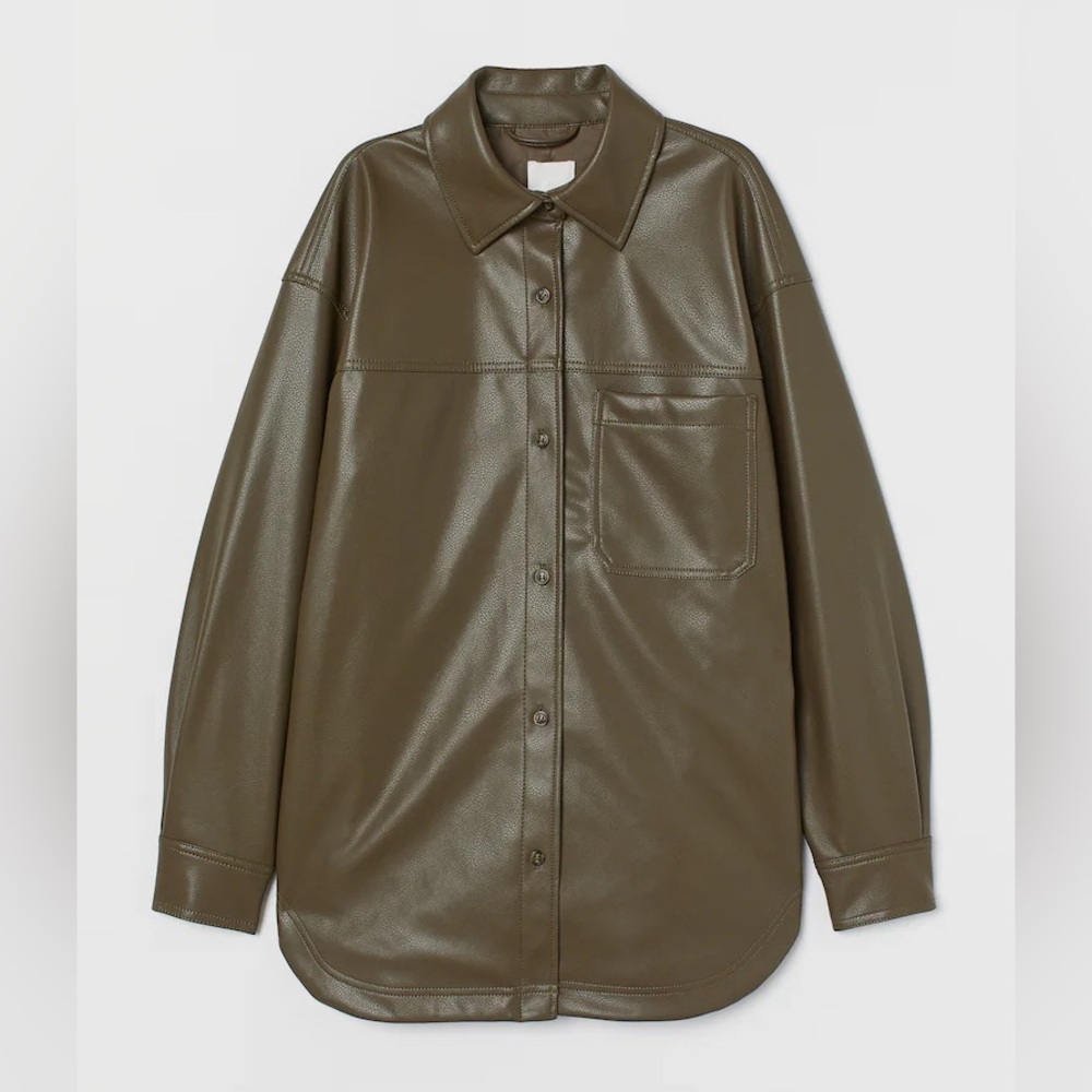 H&M Olive Faux Leather Shacket Oversized Button Front Shirt Jacket Minimalist S